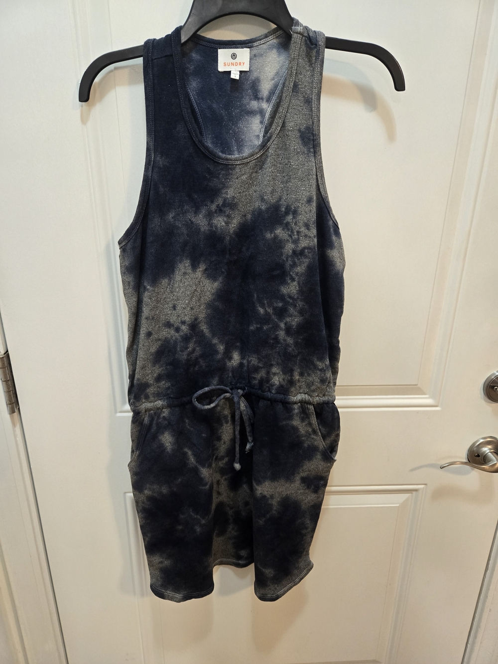 Sundry Tie-Dye Sleeveless Racerback Dress Blue Gray 1 Drawstring Pockets